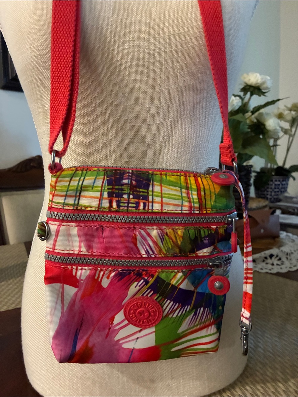 Kipling Bright Multicolor Paint-Stripe Crossbody with Pink Strap